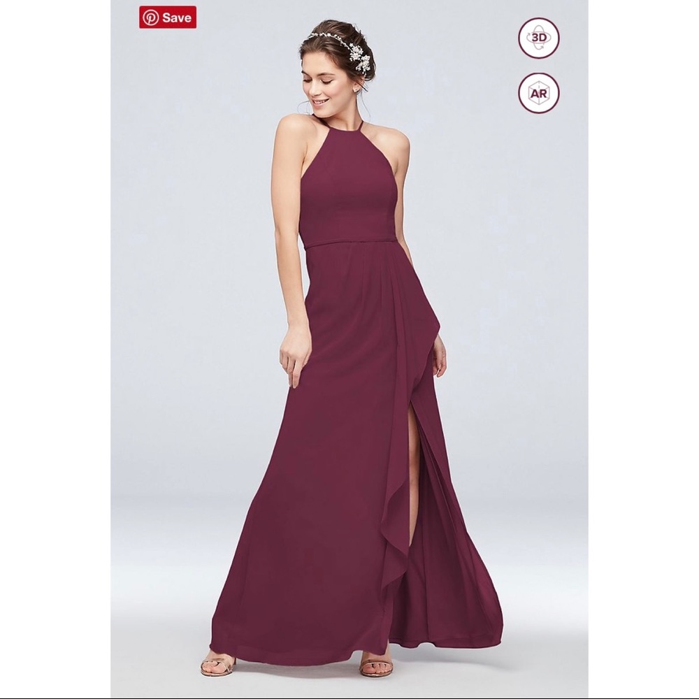 David’s Bridal Wine Bridesmaid Dress Cascade with High-Neck Chiffon
